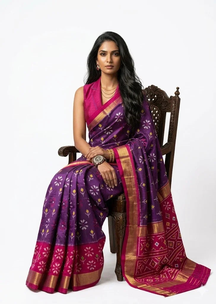 A beautiful woman with long dark hair sitting on a carved wooden chair against a white background, wearing a deep purple Ikat silk saree with a bright pink gold-zari border and a matching pink collared sleeveless blouse.