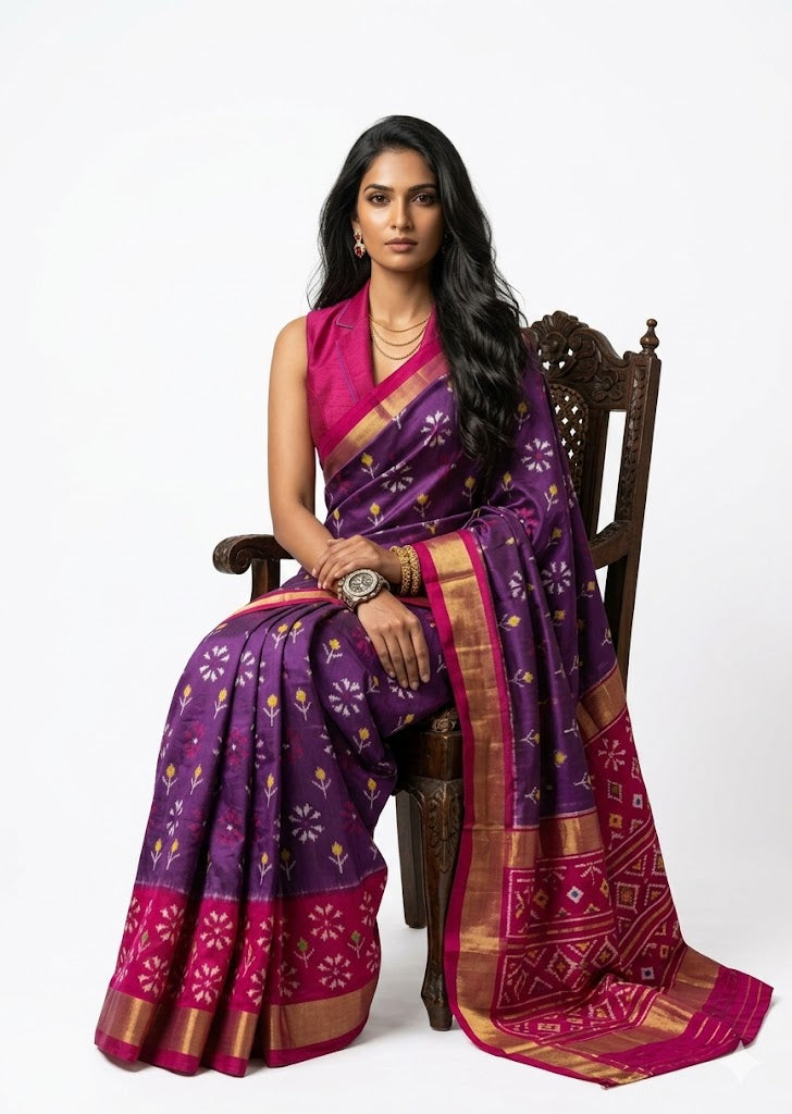 A beautiful woman with long dark hair sitting on a carved wooden chair against a white background, wearing a deep purple Ikat silk saree with a bright pink gold-zari border and a matching pink collared sleeveless blouse.