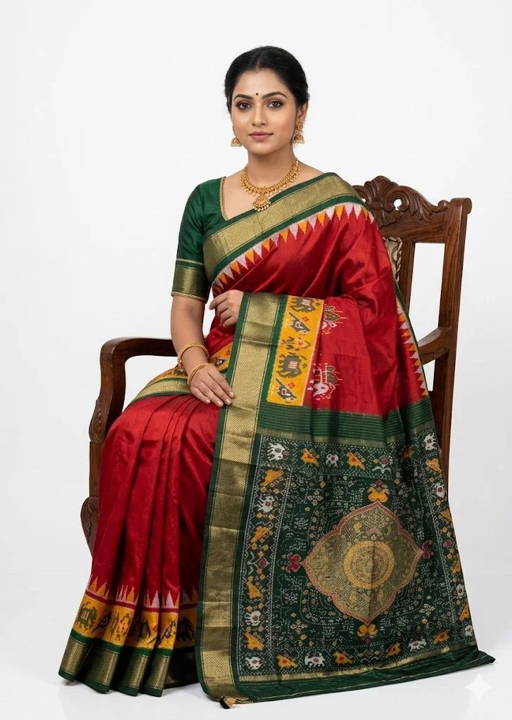 A beautiful woman seated on a carved wooden chair wearing a traditional deep crimson red silk saree with a dark green and gold zari border, featuring yellow accented bands, Patola-style elephant motifs, and a grand woven medallion pallu against a full white backdrop.