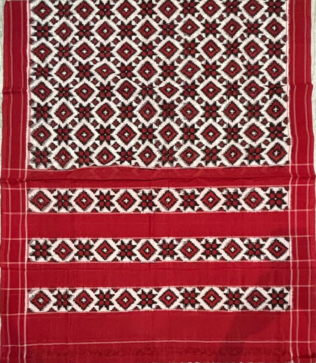 Authentic Handwoven Telia Rumal Pure Cotton Saree in Crimson Red and Off-White