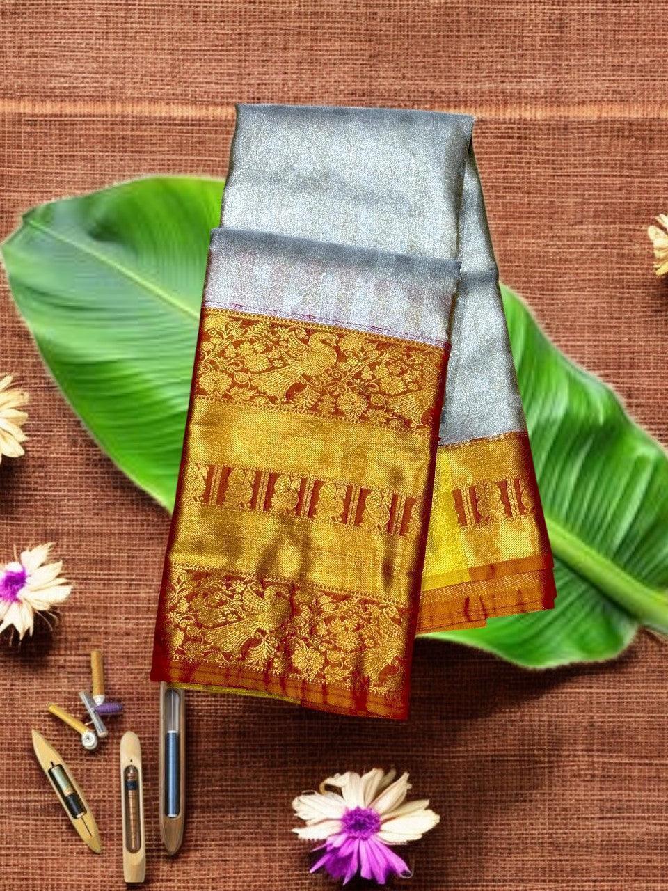 DHARMAVARAM PATTU KANCHI BORDER RED MIDDLE GRAY - pochampallysarees.com