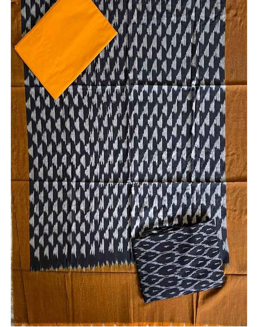 DOUBLE IKAT ANANDA BLACK WITH BROWN COLOR DRESS MATERIALS-B48 - pochampallysarees.com