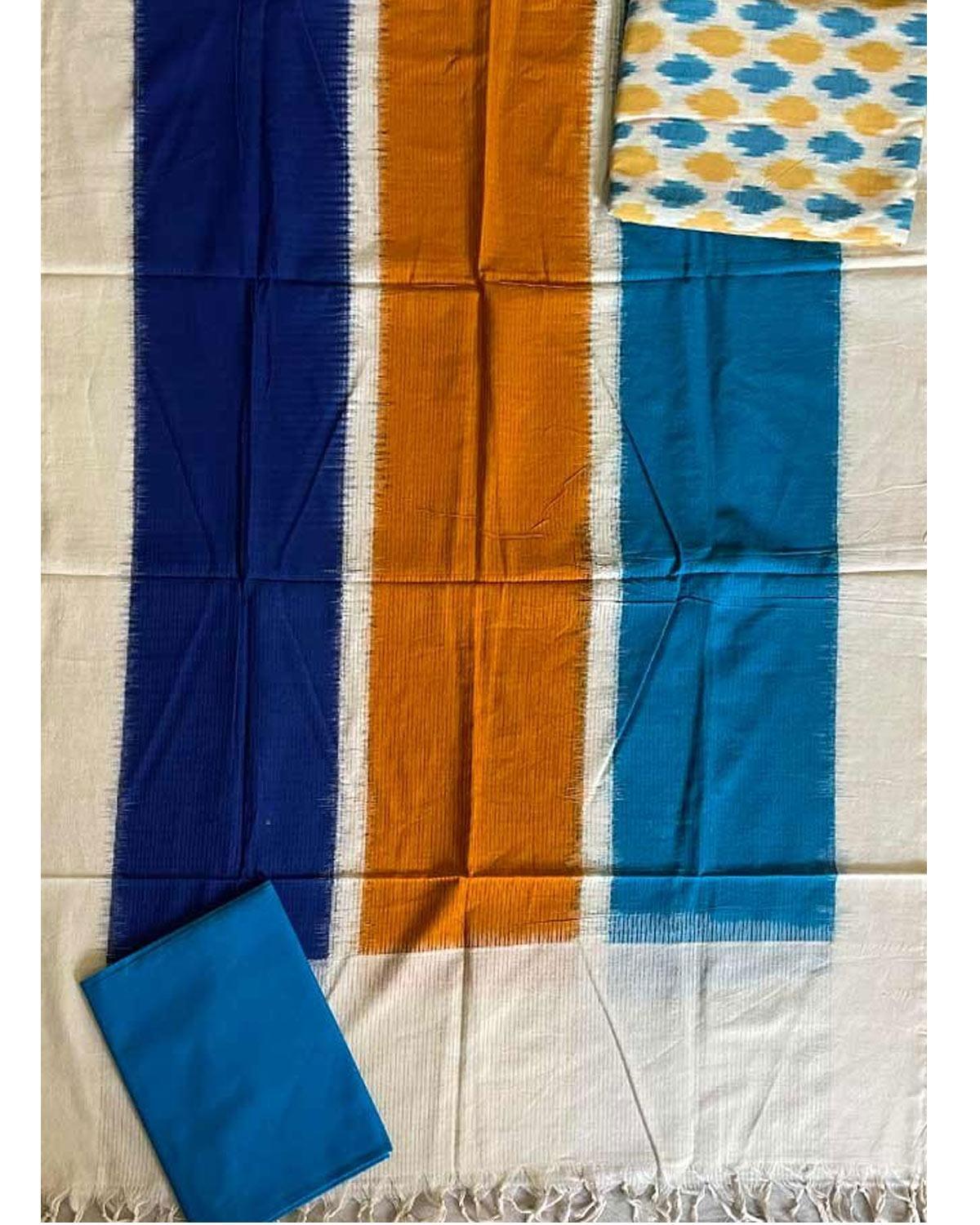 DOUBLE IKAT BLUE AND BROWN COLOR DRESS MATERIALS-B47 - pochampallysarees.com