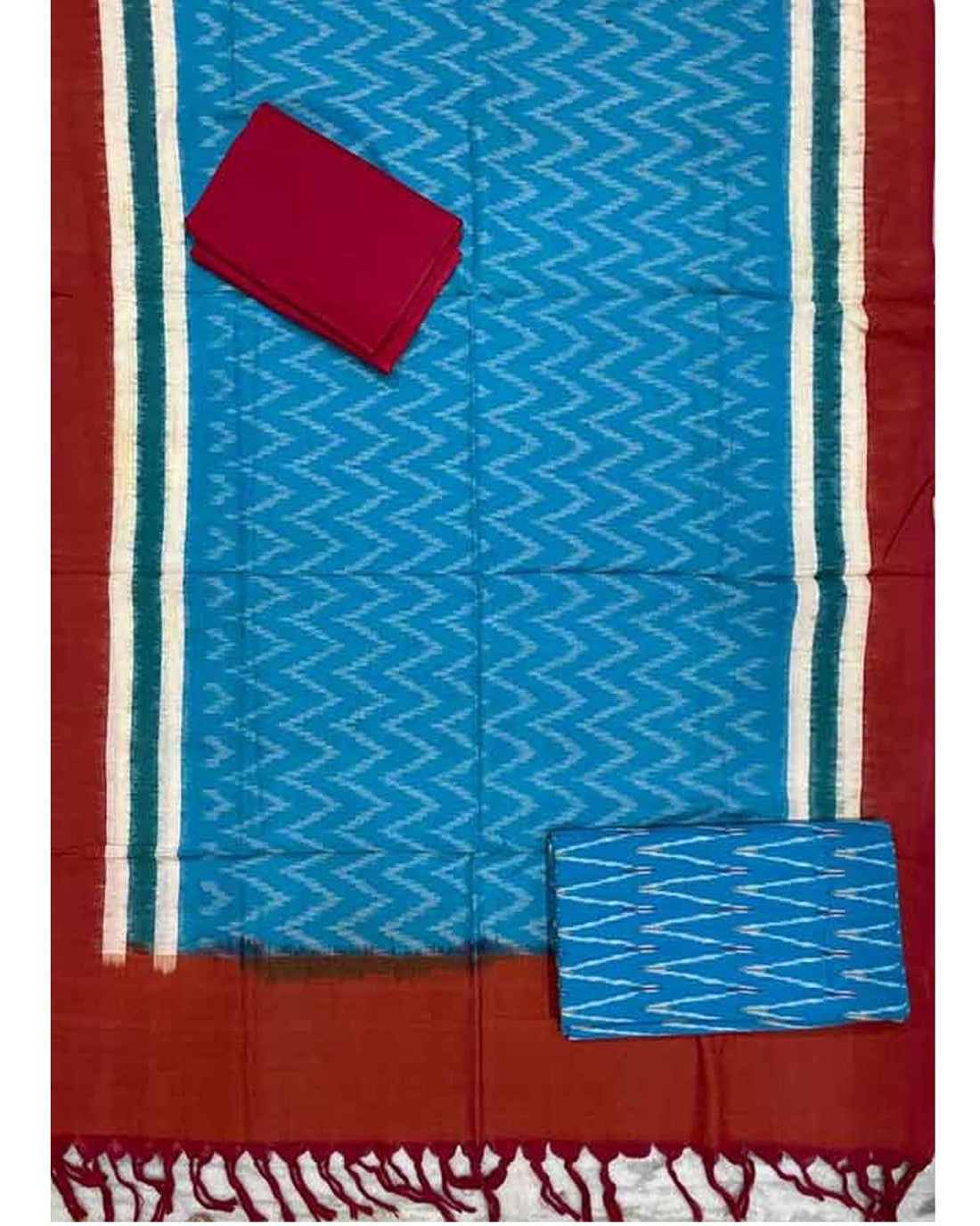 DOUBLE IKAT COTTON ANANDA BLUE WITH RED COLOR DRESS MATERIAL -C53 - pochampallysarees.com