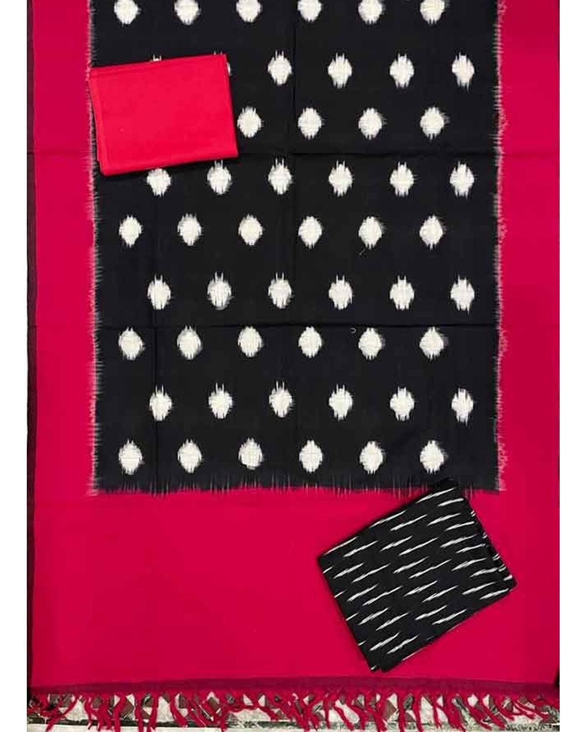 DOUBLE IKAT COTTON BLACK WITH RED COLOR DRESS MATERIAL - C39 - pochampallysarees.com