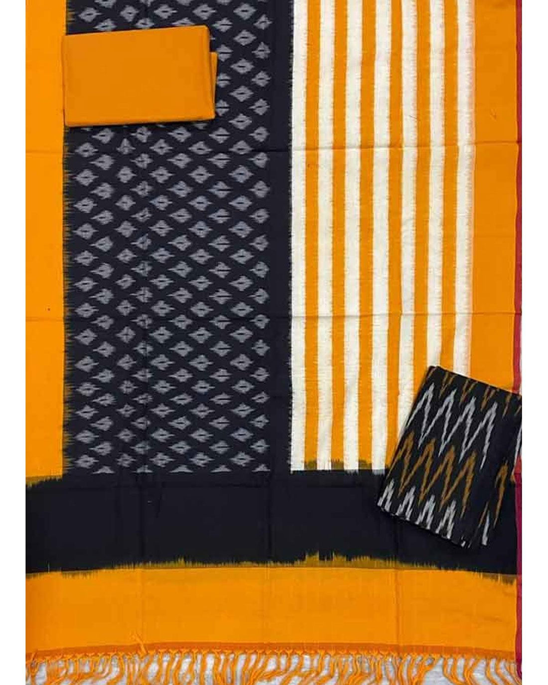 DOUBLE IKAT COTTON BLACK WITH YELLOW COLOR DRESS MATERIAL - C48 - pochampallysarees.com