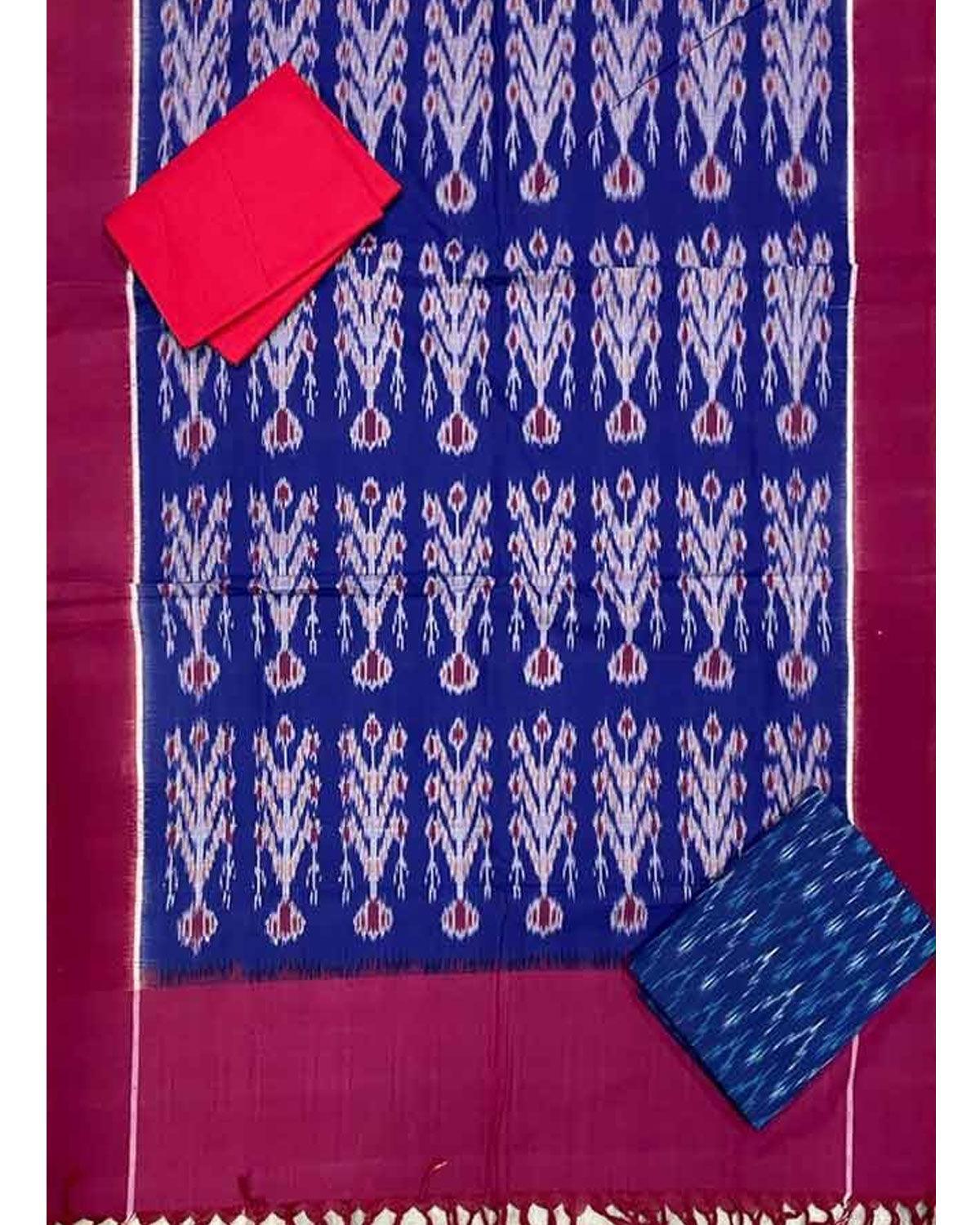 DOUBLE IKAT COTTON BLUE WITH RED COLOR DRESS MATERIAL -C25 - pochampallysarees.com