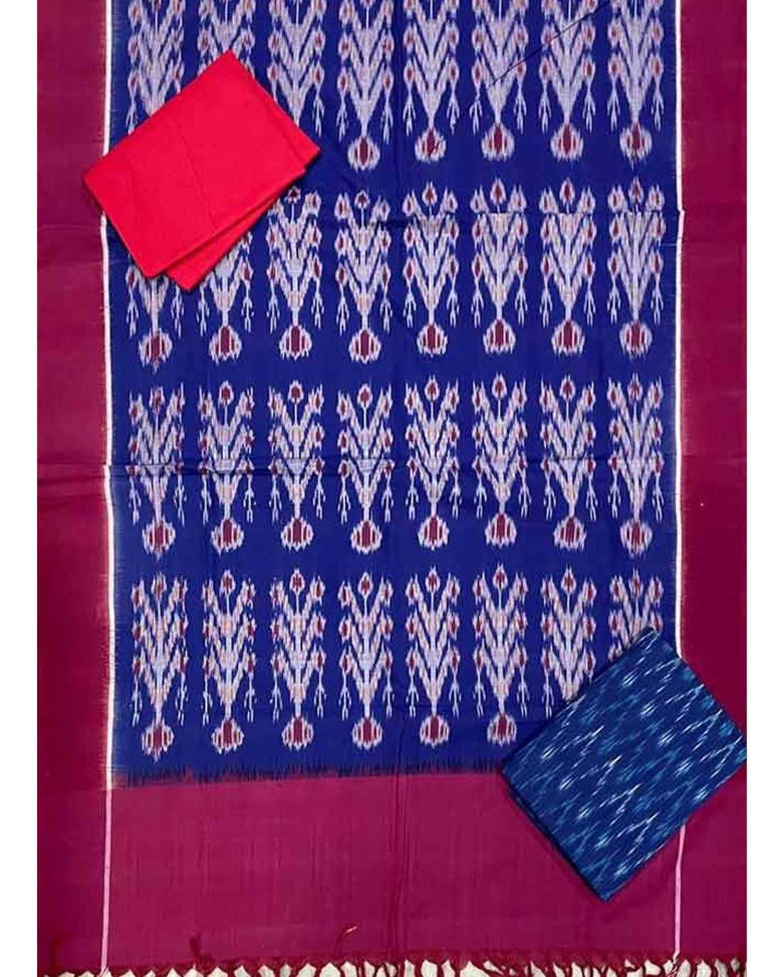 DOUBLE IKAT COTTON BLUE WITH RED COLOR DRESS MATERIAL -C25 - pochampallysarees.com