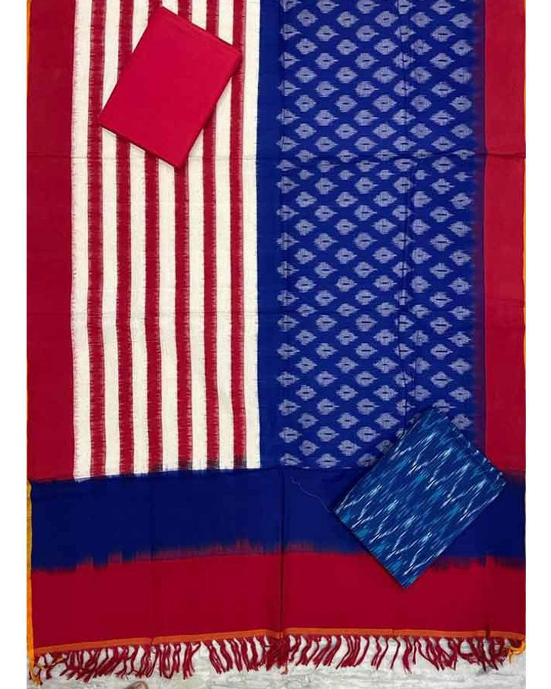 DOUBLE IKAT COTTON BLUE WITH RED COLOR SUITE -C57 - pochampallysarees.com