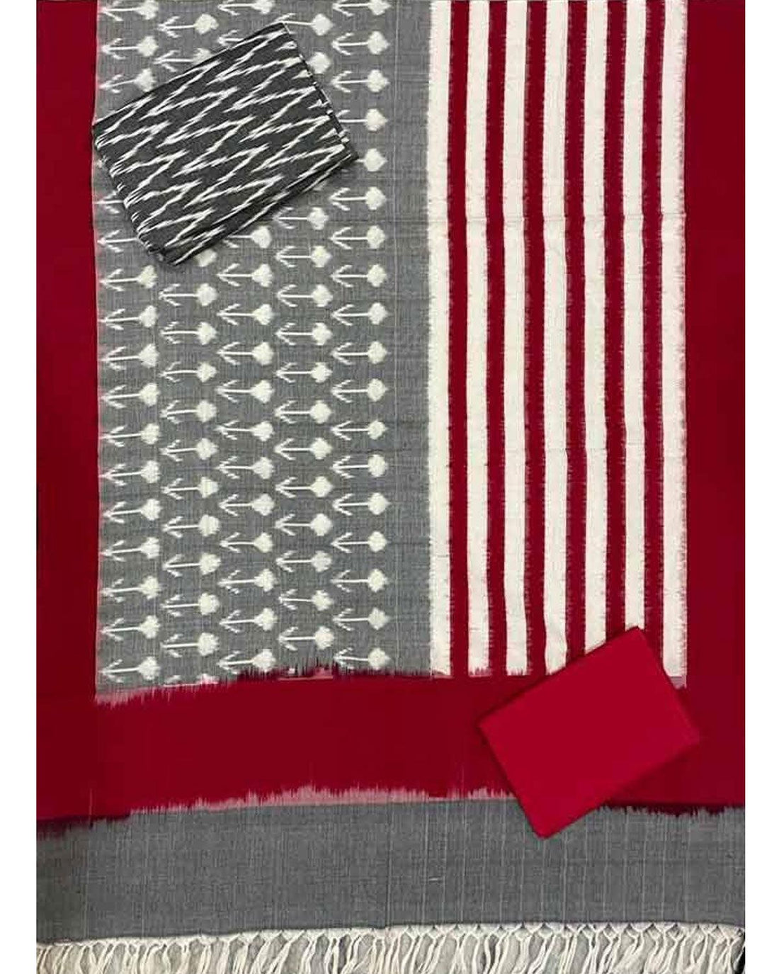 DOUBLE IKAT COTTON GRAY WITH RED COLOR DRESS MATERIAL -C43 - pochampallysarees.com