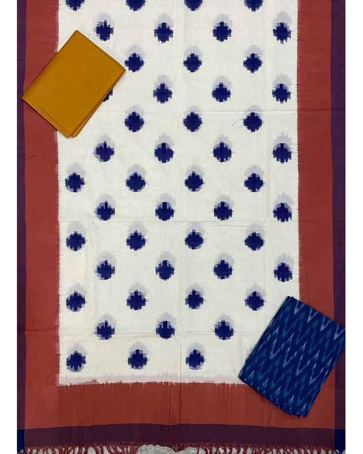 DOUBLE IKAT COTTON WHITE AND BROWN COLOR DRESS MATERIAL - C4 - pochampallysarees.com