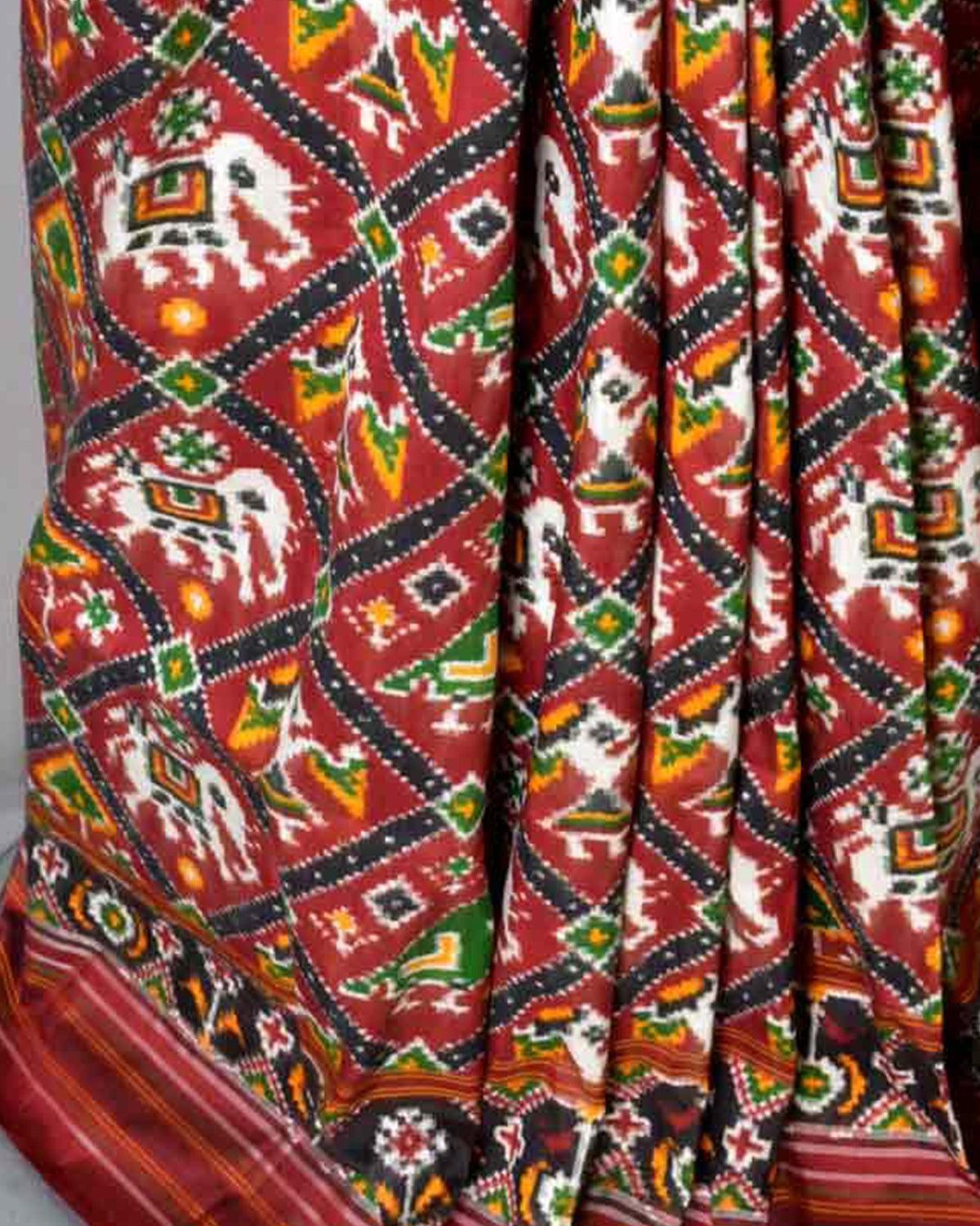 DOUBLE IKAT POCHAMPALLY PATAN PATOLA MAROON NARIKUNJ SAREE - pochampallysarees.com