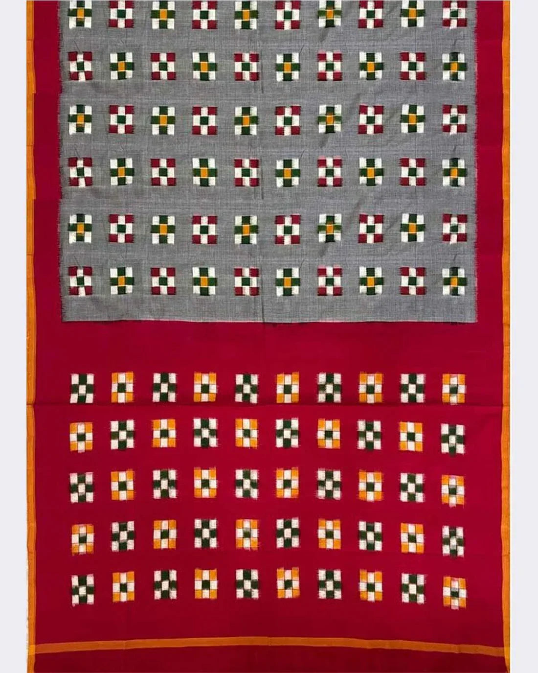 POCHAMPALLY DOUBLE IKKAT COTTON GRAY BODY BORDER PALLU AND BLOUSE RED SARI - pochampallysarees.com