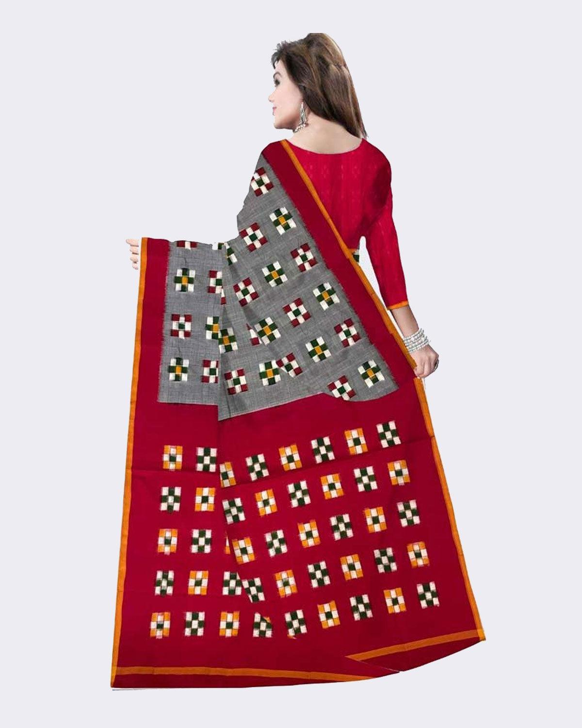 DOUBLE IKAT SOFT COTTON GRAY WITH RED COLOR SAREE - pochampallysarees.com