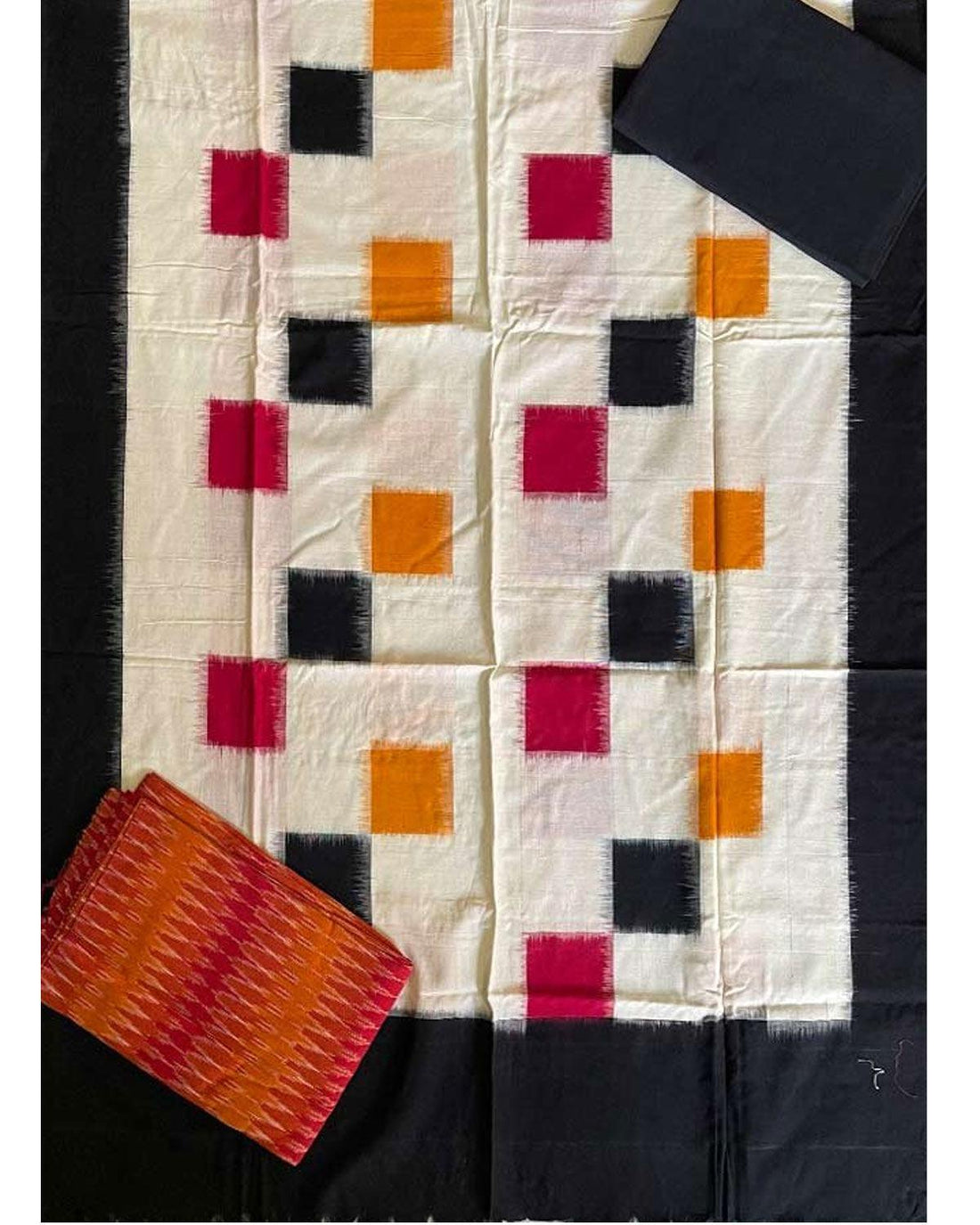 DOUBLE IKKAT BLACK WITH YELLOW AND RED COLOR DRESS MATERIALS ONLINE-B49 - pochampallysarees.com