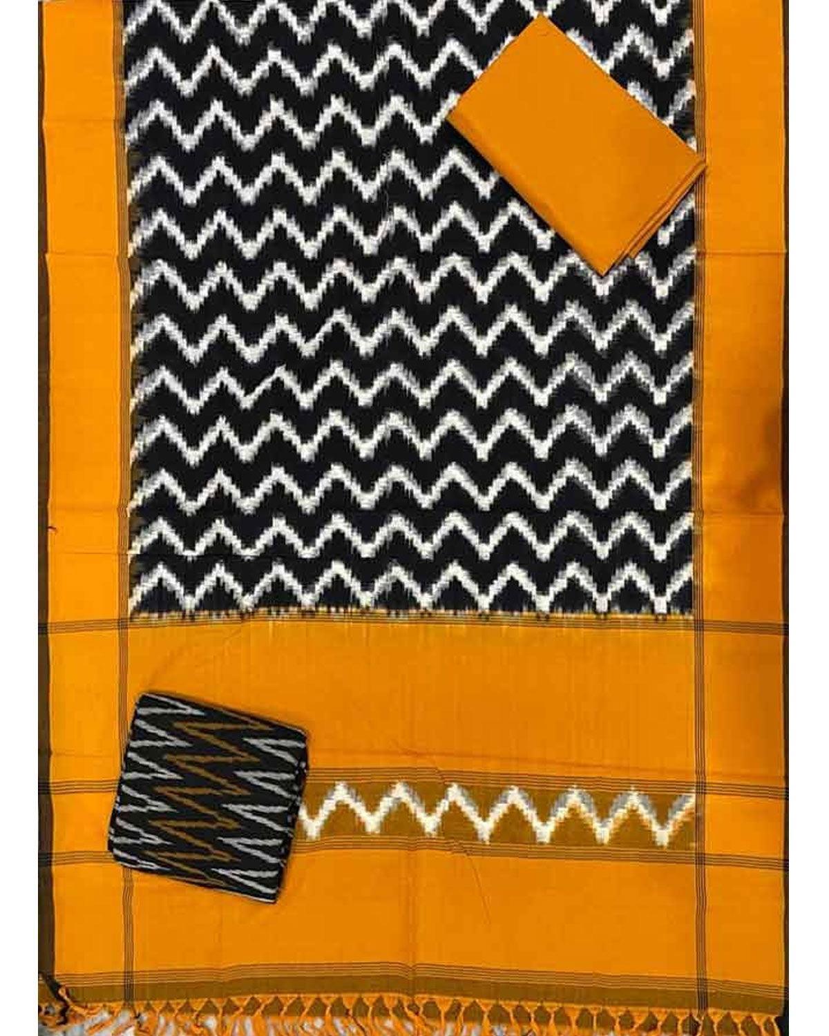 DOUBLE IKKAT COTTON BLACK WITH YELLOW COLOR DRESS MATERIAL - C73 - pochampallysarees.com