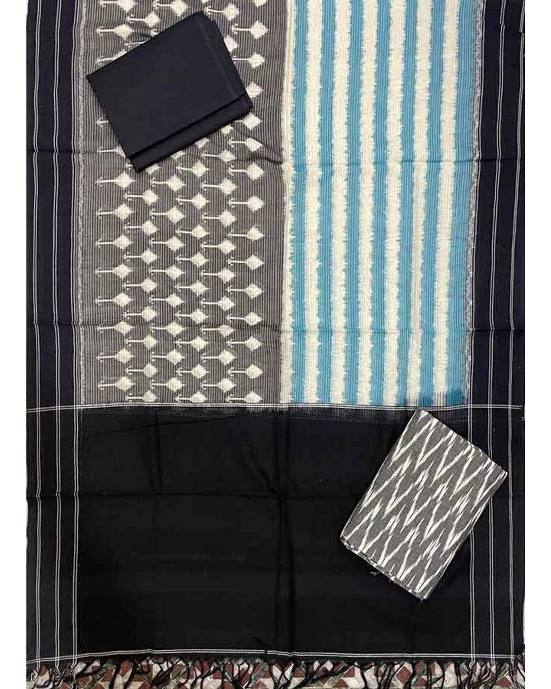 DOUBLE IKKAT COTTON GRAY WITH BLACK COLOR DRESS MATERIAL - C71 - pochampallysarees.com