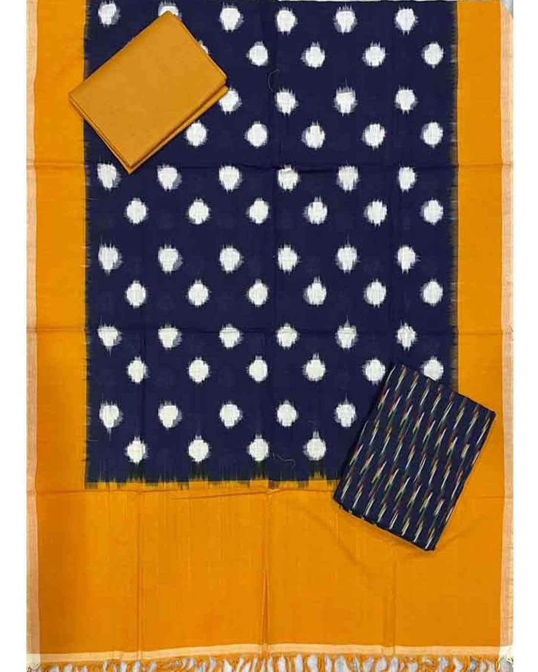 DOUBLE IKKAT COTTON NAVY BLUE WITH YELLOW COLOR SUITE -C47 - pochampallysarees.com