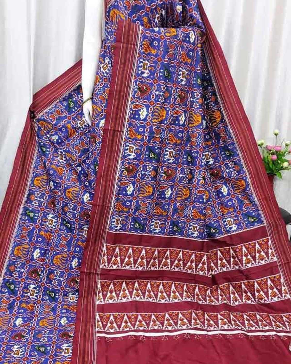 Double Ikkat Patola Blue With Maroon Color Saree - pochampallysarees.com