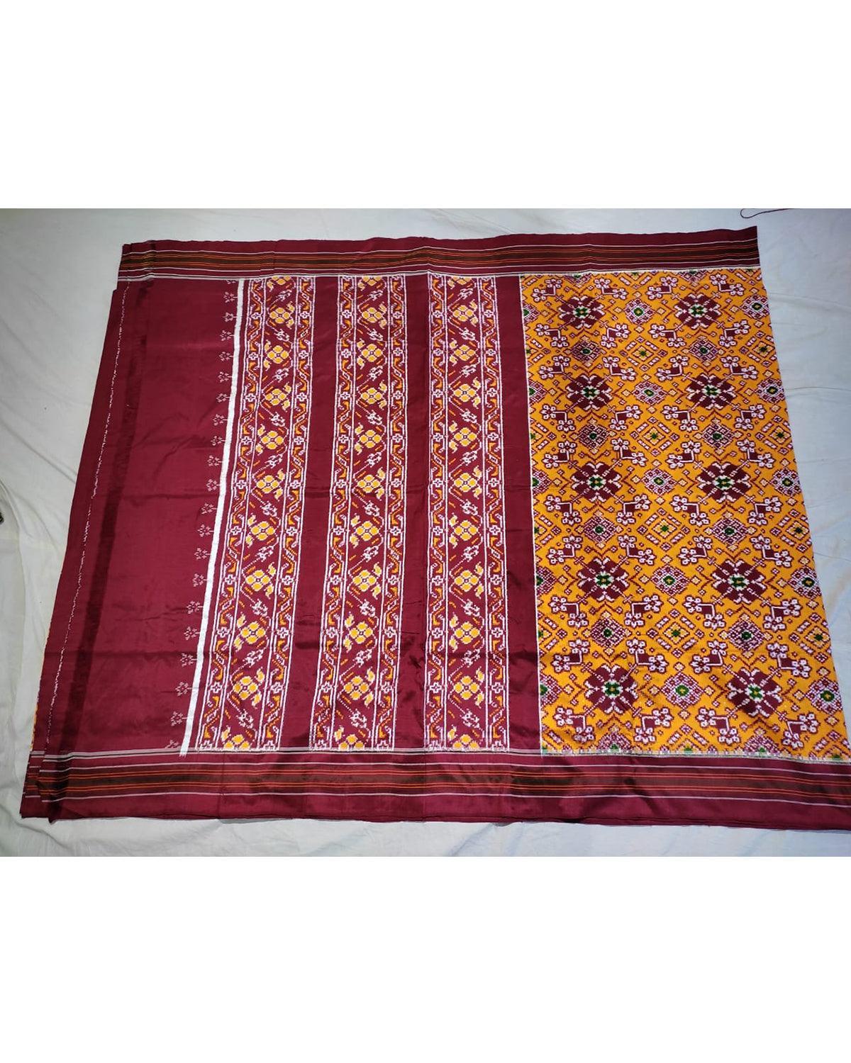 DOUBLE IKKAT PATOLA YELLOW WITH MAROON COLOR SAREE - pochampallysarees.com
