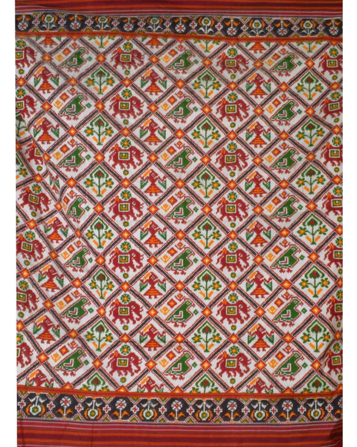 DOUBLE IKKAT TRADITIONAL WHITE NARIKUNJ SAREE - pochampallysarees.com