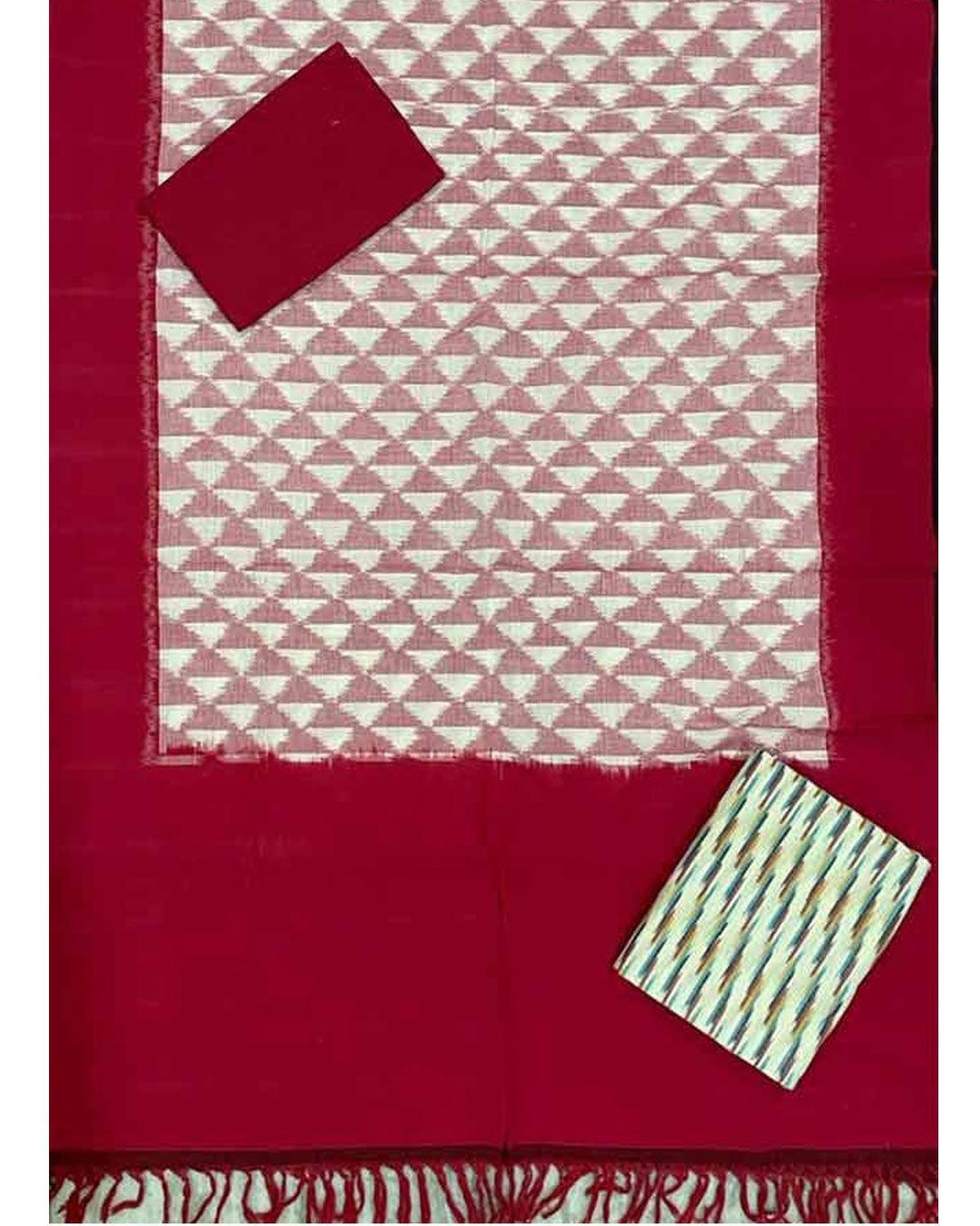 DOUBLE IKKAT WHITE WITH RED COLOR DRESS MATERIAL -C69 - pochampallysarees.com