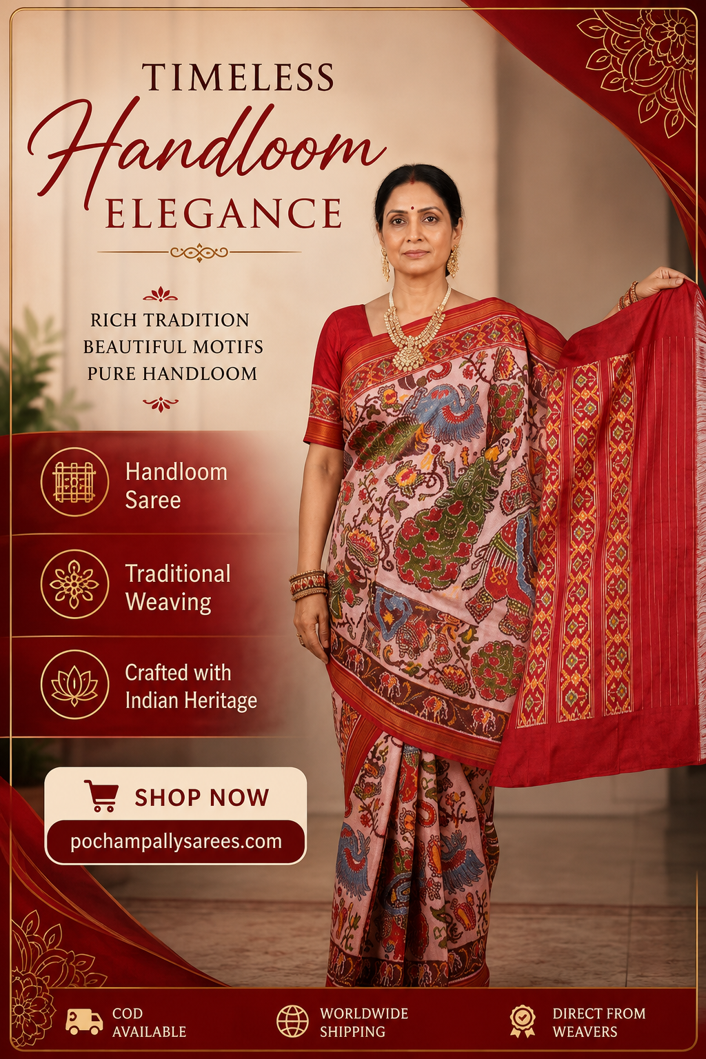 Handcrafted Ikkat Patola Silk Masterpiece Saree with Kalamkari Motif Body & Traditional Pallu