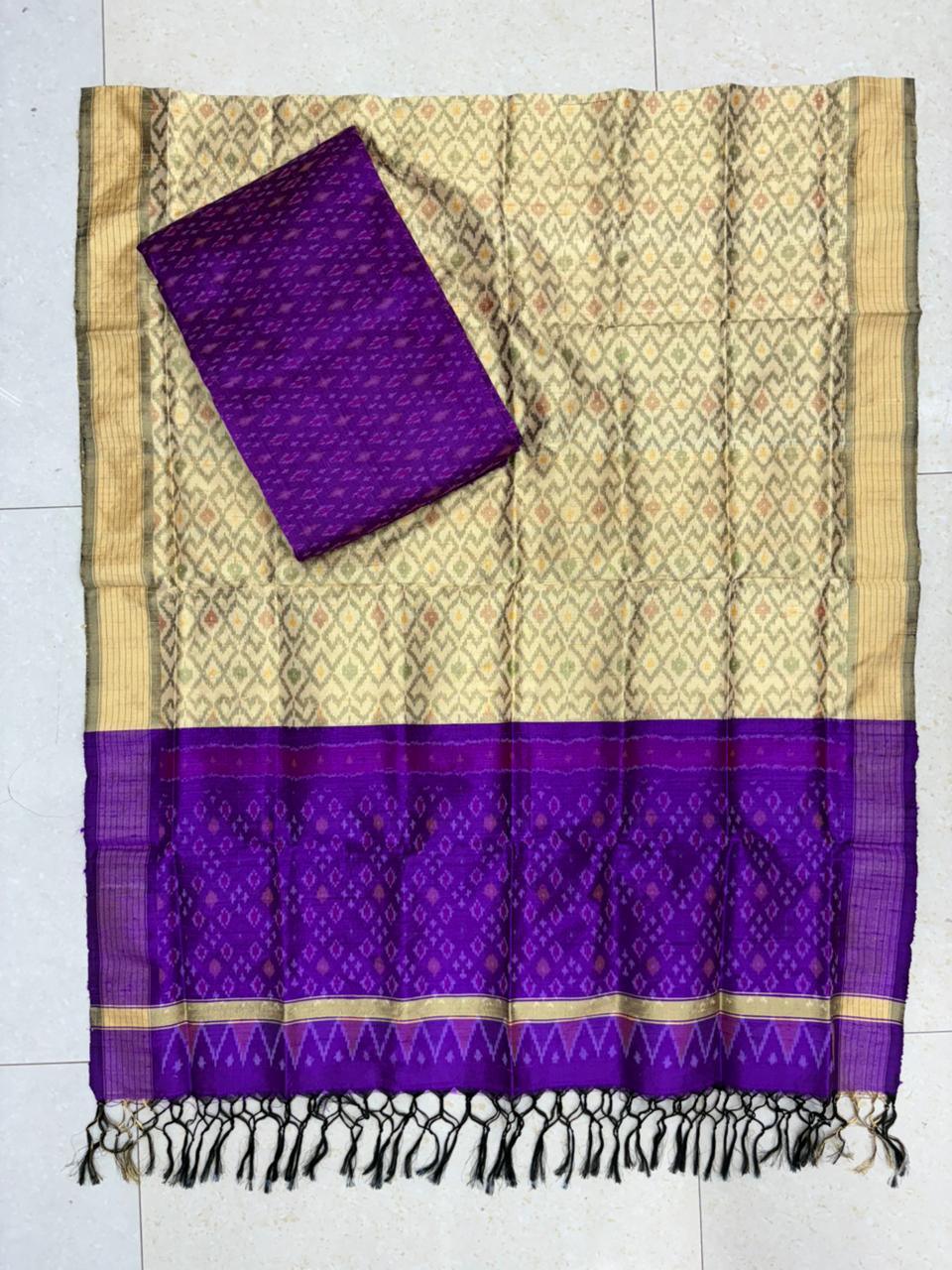 Latest Ikkat Silk Dress Material: Cream & Purple Pochampally Salwar Suit - pochampallysarees.com