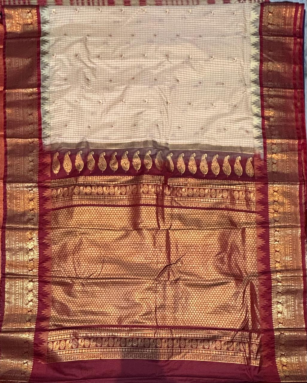 Traditional Gadwal Silk Saree in Cream & Maroon with Elegant Zari Border