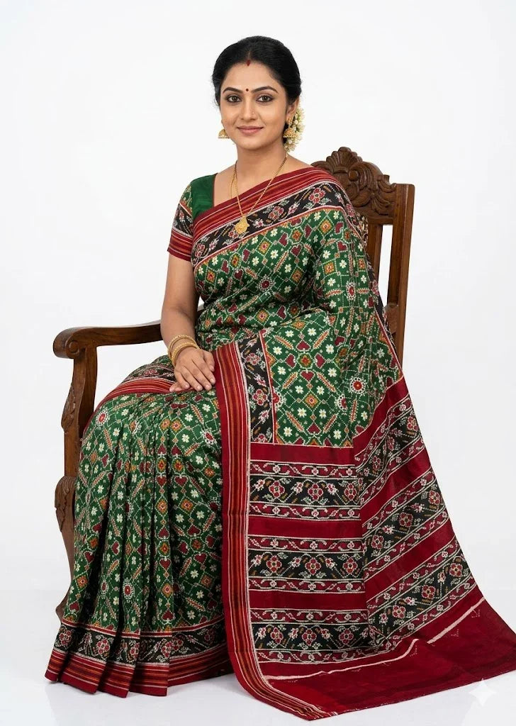 Green and Maroon Double Ikat Patola Silk Saree | Authentic Handwoven Silk - pochampallysarees.com