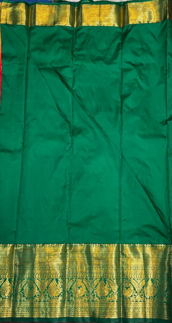 Semi Dharmavaram Silk Saree in Red and Green with Gold Zari