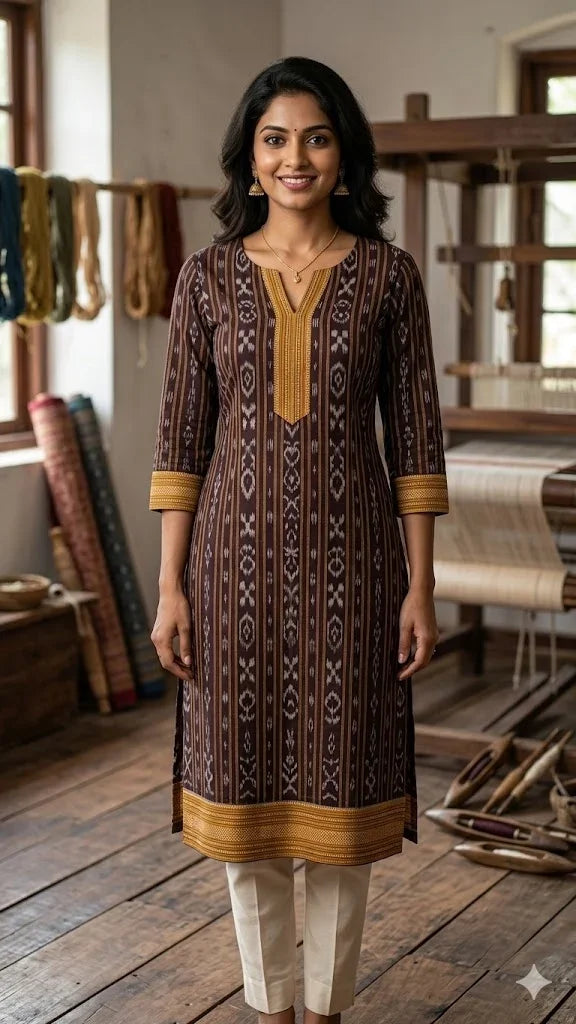 Dark Maroon Sambalpuri Ikat Running Fabric | Odisha Handloom Cotton - pochampallysarees.com