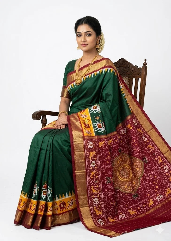 Bottle Green & Maroon Pochampally Ikkat Silk Saree - pochampallysarees.com