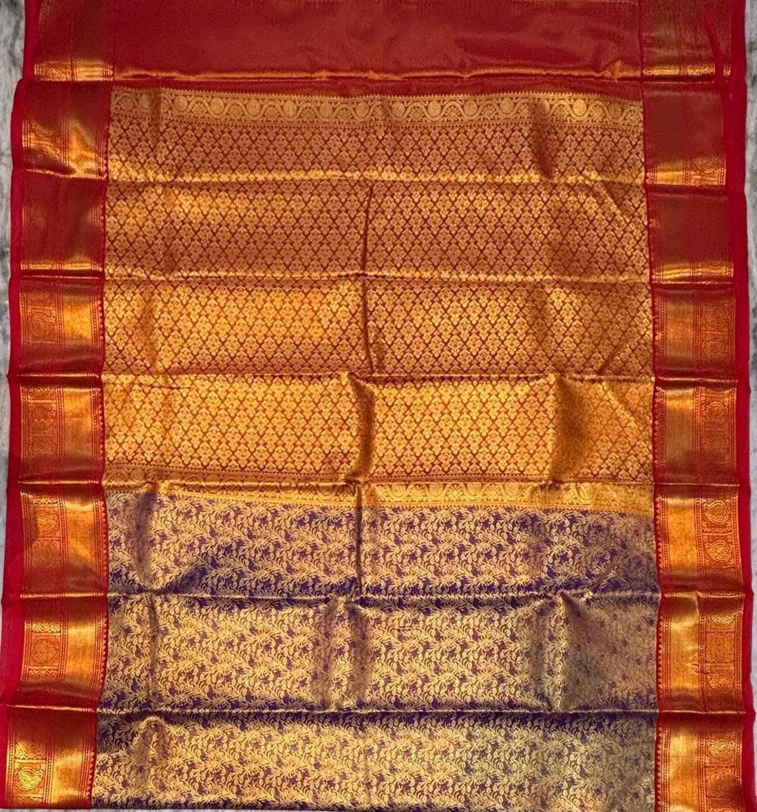 Luxurious Purple Dharmavaram Silk Saree with Gold Zari and Red Accents - pochampallysarees.com