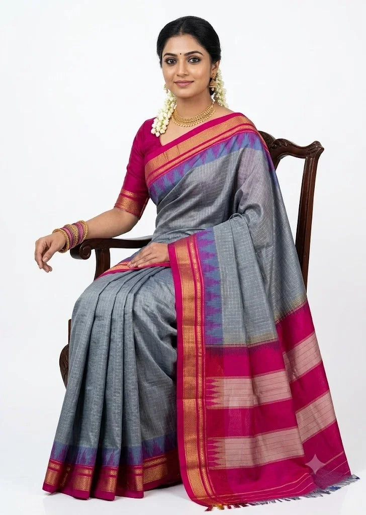 Elegant Gray Gadwal Saree with Vibrant Pink Pallu & Zari Border - pochampallysarees.com