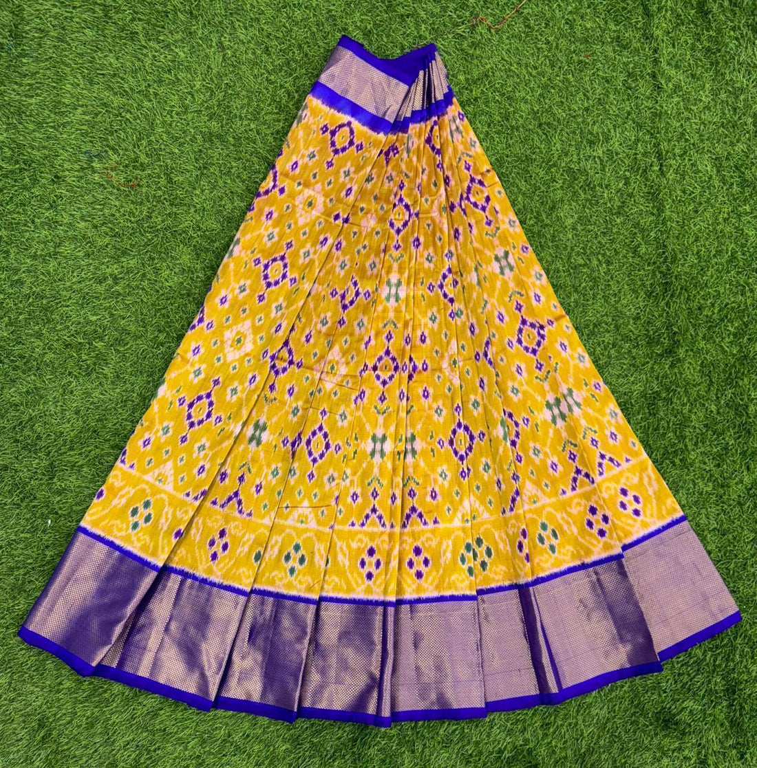 Yellow and Blue Ikkat Silk Big Size Lehenga (8 Years to 50 Years)with silk mark