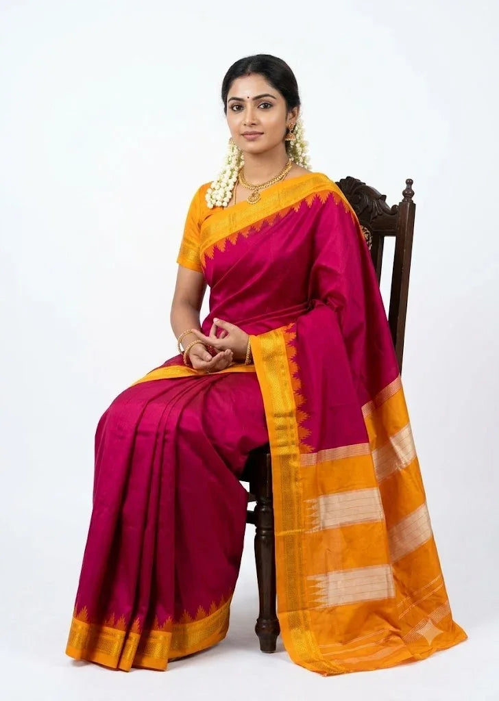 Deep Magenta-Pink Gadwal Silk Saree with Marigold Yellow Pallu - pochampallysarees.com