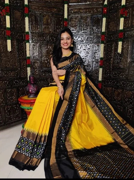 Vibrant Yellow & Black Ikat Silk Saree - pochampallysarees.com