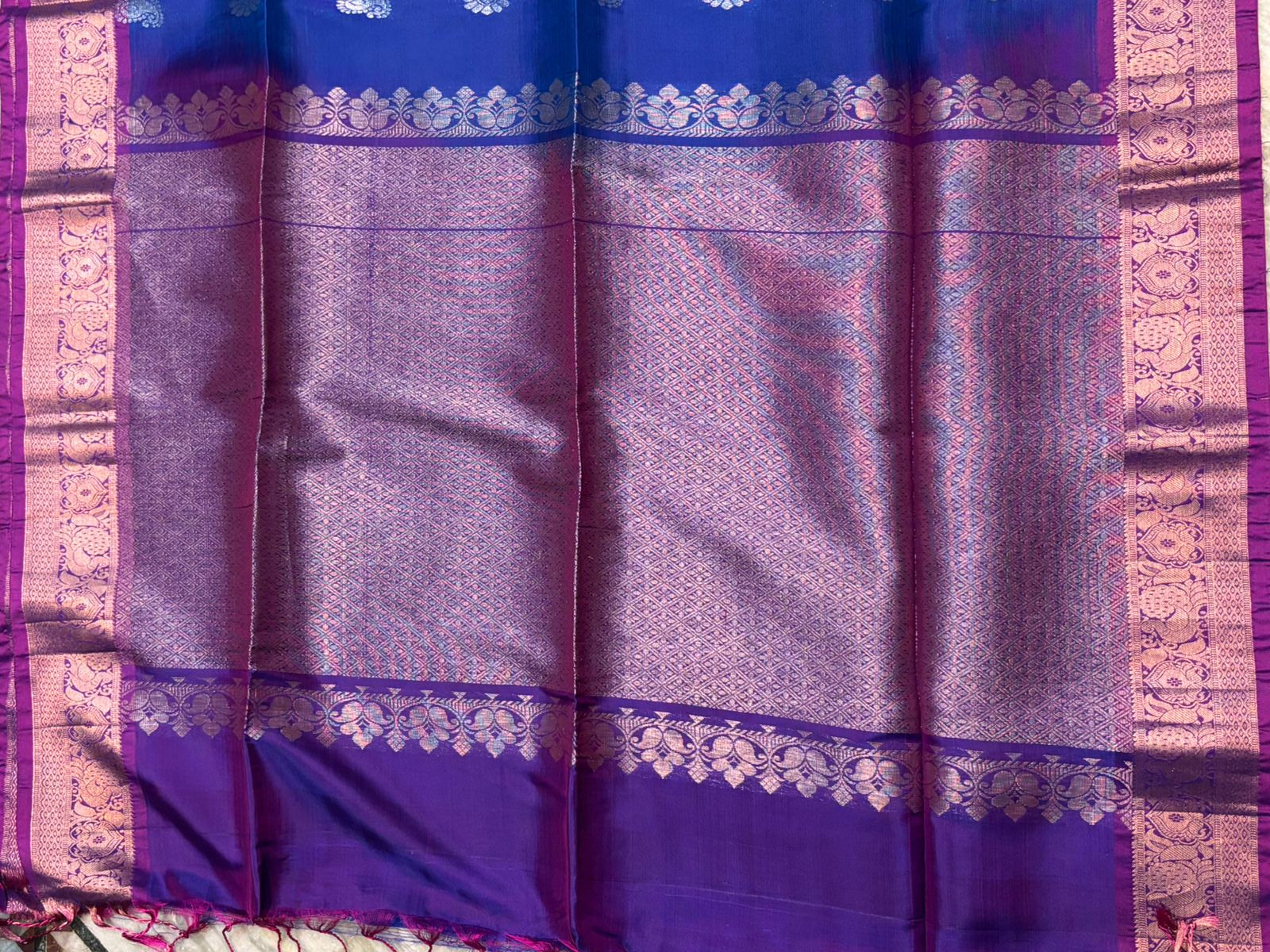 Royal Blue Pure Soft Silk Saree with Contrasting Purple Zari Border & Pallu