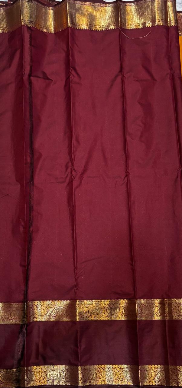 Semi Dharmavaram Silk Saree in Mustard Yellow and Deep Maroon with Gold Zari