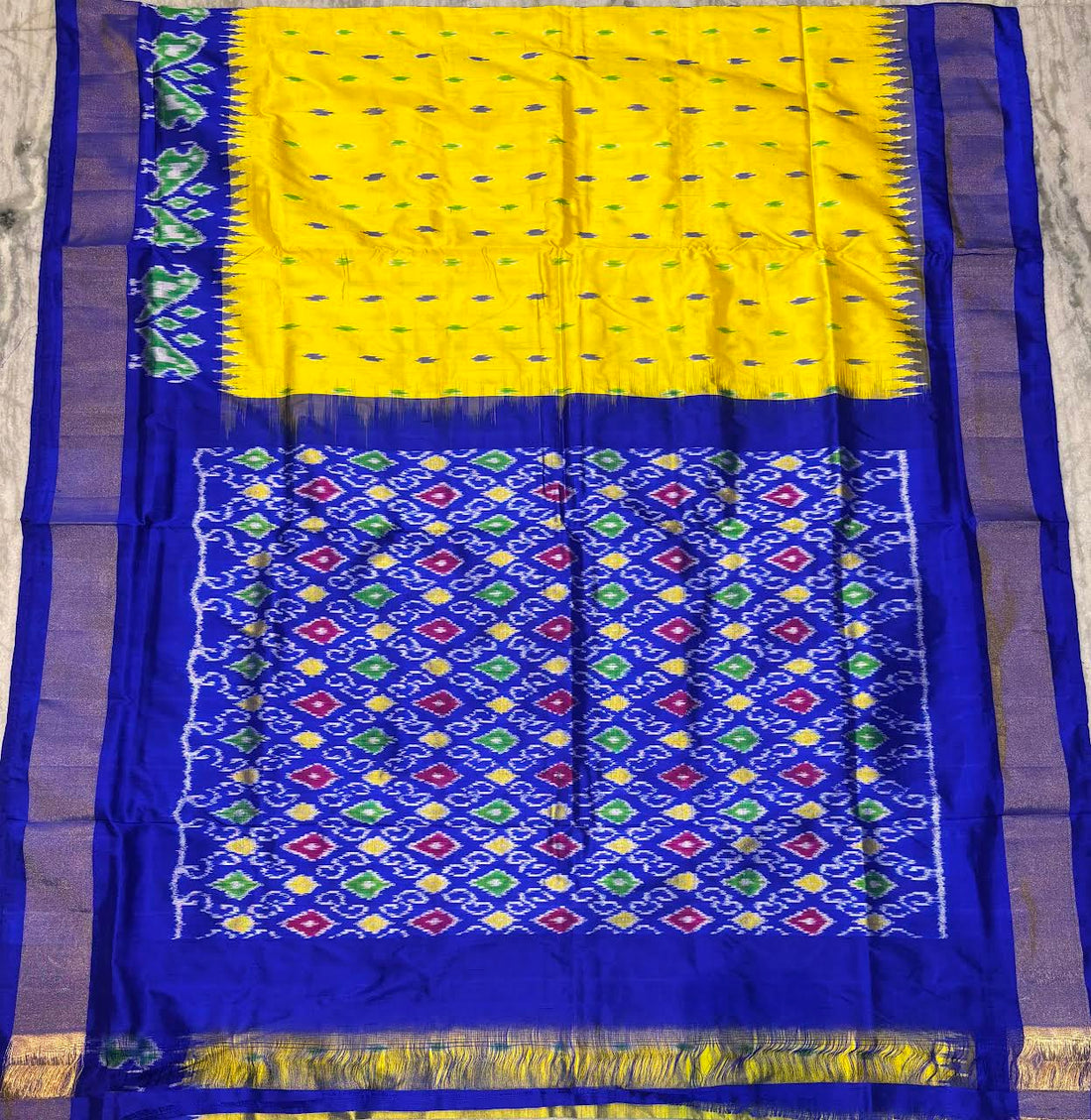 Yellow and Royal Blue Pochampally Ikkat Pure Silk Saree with Zari Border