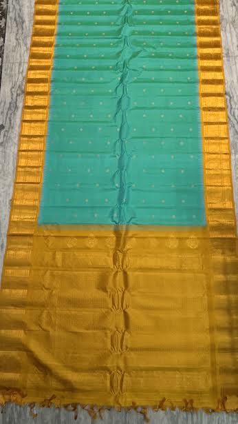 Pure Gadwal Silk Saree in Turquoise Blue and Mustard Yellow