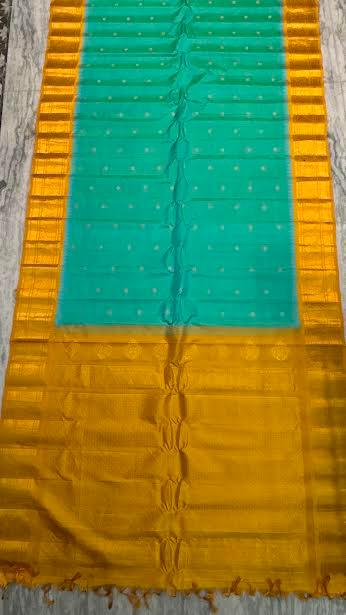 Pure Gadwal Silk Saree in Turquoise Blue and Mustard Yellow - pochampallysarees.com