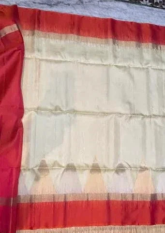 Authentic Cream & Orange Kanchi Soft Silk Saree