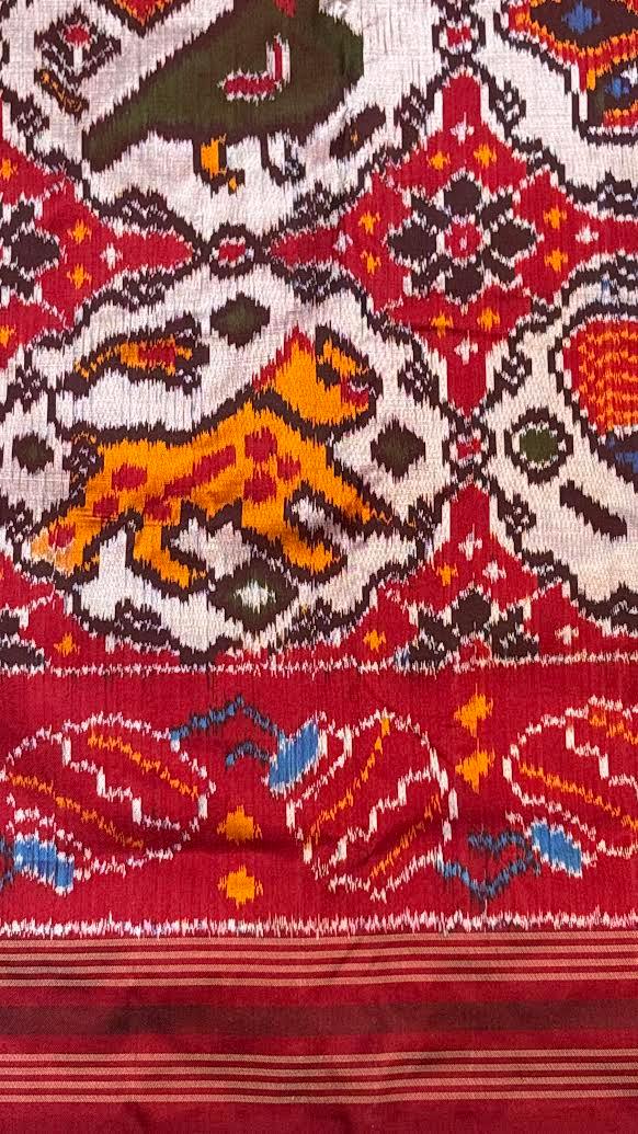 Authentic Pochampally Ikkat Patola Silk Saree with Traditional Elephant & Cart Motifs - pochampallysarees.com