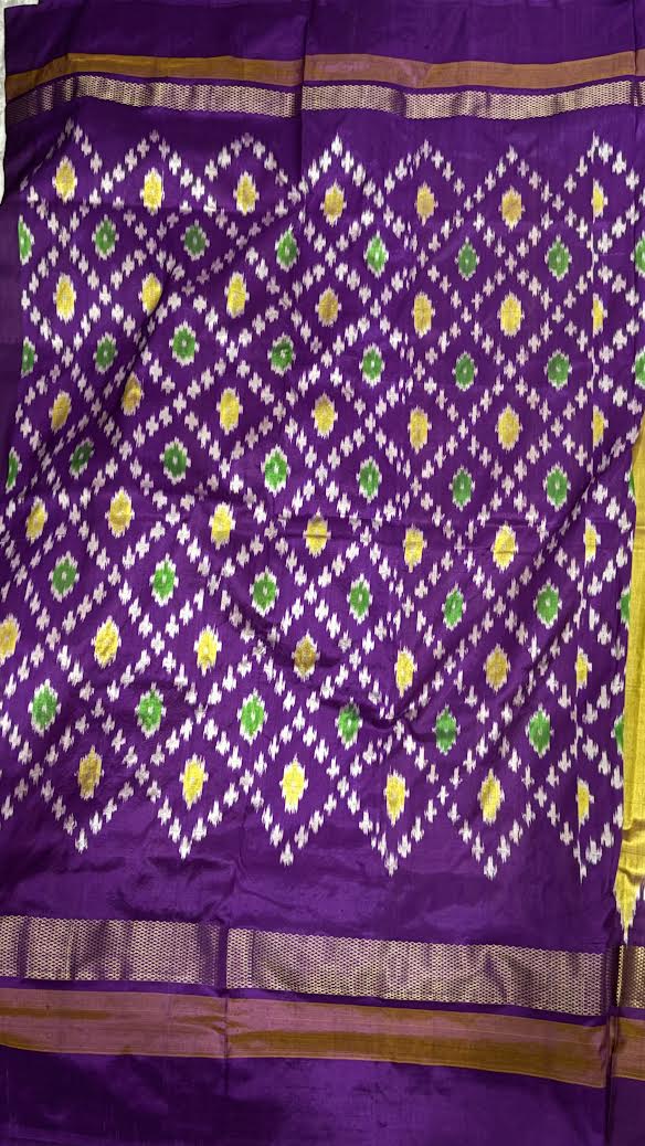 Luminous Yellow & Deep Purple Temple Border Ikkat Silk Saree