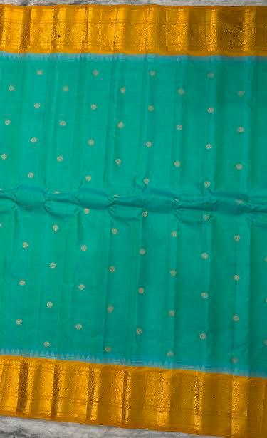 Pure Gadwal Silk Saree in Turquoise Blue and Mustard Yellow - pochampallysarees.com