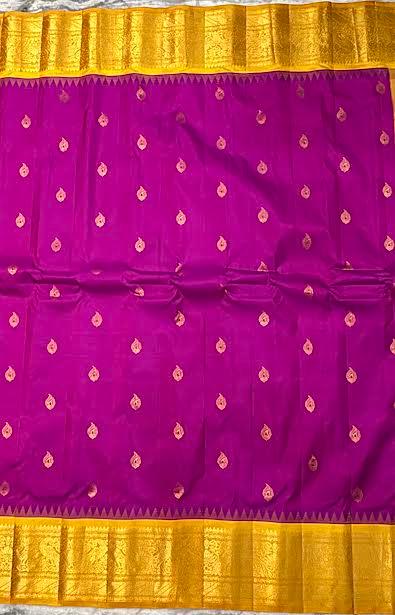 Pure Gadwal Silk Saree in Magenta and Mustard Yellow with Zari Border - pochampallysarees.com