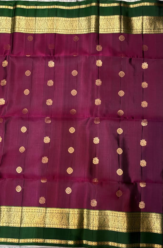 Authentic Magenta and Dark Green Kanchipuram Silk Saree with Price Heavy Zari Pallu