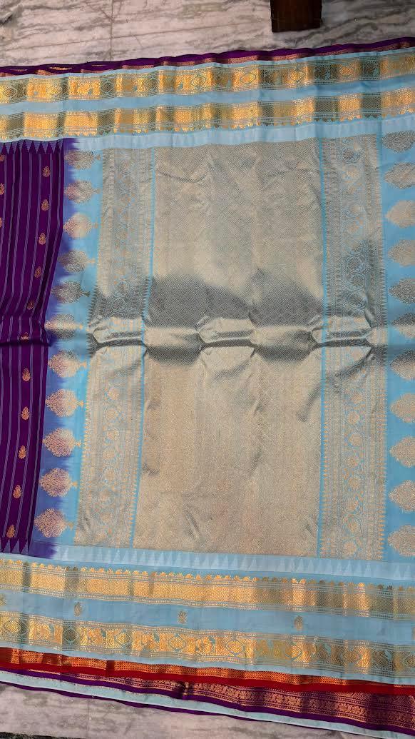 Pure Gadwal Silk Saree in Lavender with Light Blue Border - pochampallysarees.com